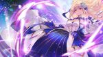  1girl archetype_earth arcueid_brunestud blonde_hair breasts commission dress fate/grand_order fate_(series) flower gold_trim hair_flower hair_ornament highres light long_hair looking_at_viewer magic medium_breasts outstretched_arm red_eyes shanabi0610 skeb_commission smile solo tsukihime two-tone_dress 