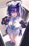  1girl animal_ear_fluff animal_ears barefoot blue_archive blue_eyes blue_necktie blush breasts buttons cat_ears cat_tail collared_shirt extra_ears halo highres large_breasts long_hair looking_at_viewer mechanical_halo melt_(melt_out1) necktie open_mouth purple_hair shirt solo standing tail toes white_shirt yuuka_(blue_archive) 
