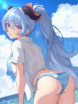  1girl alternate_hairstyle ass bikini blue_bikini blue_hair blue_sky breasts bu_weizhuang cloud commentary_request cowboy_shot day ganyu_(genshin_impact) genshin_impact highres horns large_breasts long_hair looking_at_viewer open_clothes open_mouth open_shirt ponytail purple_eyes revision shirt sky solo standing striped_bikini striped_clothes swimsuit thighs very_long_hair white_shirt 