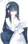  1girl black_hair blue_archive blue_eyes blue_halo blush breasts choker cleavage closed_mouth collarbone dress earrings elbow_gloves gloves halo highres jewelry kiyakyuu large_breasts long_hair official_alternate_costume saori_(blue_archive) saori_(dress)_(blue_archive) simple_background smile solo strapless strapless_dress white_background white_choker white_dress white_gloves 