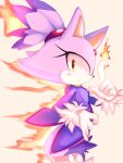  1girl animal_ears blaze_the_cat cat_ears cat_girl cat_tail fire forehead_jewel fur-trimmed_gloves fur_trim furry furry_female gloves highres jacket looking_at_viewer nuinu_17 ponytail purple_fur purple_jacket simple_background sonic_(series) tail white_gloves yellow_eyes 