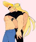  2boys abs bara black_shirt blonde_hair blush clothes_lift company_connection cowboy_shot denim dexter&#039;s_laboratory grabbing grabbing_from_behind grunkleguts hair_over_eyes hairband highres jeans johnny_bravo johnny_bravo_(series) long_hair male_focus mature_male multiple_boys muscular muscular_male navel pants pectoral_grab pink_background pompadour shirt shirt_lift short_hair sideburns simple_background sleeves_rolled_up smile sunglasses sweatdrop tight_clothes tight_shirt v-taper valhallen yaoi 