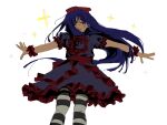  1girl arms_up black_souls blue_dress blue_hair bow dress frilled_cuffs frilled_dress frills fz_d0tt hair_bow highres long_hair looking_to_the_side mabel_(black_souls) parted_lips puffy_short_sleeves puffy_sleeves red_bow short_sleeves sidelocks simple_background smile solo sparkle sparkling_eyes striped_clothes striped_thighhighs thighhighs very_long_hair white_background wrist_cuffs 