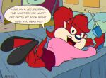 annoyed anthro bed bottomwear cellphone clothed clothing dasyurid dasyuromorph detailed_background dialogue electronics english_text female footwear furniture hair hi_res holding_object holding_phone inside looking_at_viewer lying mammal marsupial molly_devil on_bed on_front phone ponytail shoes skirt solo sweater talking_to_viewer tasmanian_devil taz-mania text topwear unbakable watermark