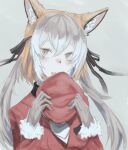  1girl animal_ears aranagi_(arng_4401) extra_ears fox_ears fox_girl gloves grey_background grey_hair hat highres island_fox_(kemono_friends) jacket kemono_friends kemono_friends_v_project long_hair looking_at_viewer necktie orange_eyes orange_hair ribbon shirt simple_background solo twintails upper_body virtual_youtuber 