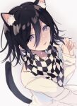  1boy animal_ear_fluff animal_ears black_hair cat_boy cat_ears cat_tail checkered_clothes checkered_scarf danganronpa_(series) danganronpa_v3:_killing_harmony flipped_hair gradient_background gradient_hair grey_background hair_between_eyes hand_up looking_at_viewer male_focus multicolored_hair negoto_o oma_kokichi open_mouth purple_eyes purple_hair scarf short_hair solo straitjacket tail upper_body white_background 