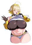  1girl absurdres ahoge bare_shoulders blonde_hair blush breasts brown_gloves cameltoe cowboy_shot cropped_legs elegg_(nikke) fang gloves goddess_of_victory:_nikke hair_intakes hair_over_eyes highres huge_breasts lifted_by_self long_bangs medium_hair multicolored_hair navel open_mouth short_shorts shorts simple_background skindentation solo suspender_shorts suspenders thick_thighs thighs two-tone_hair white_background yuudokou_shounen 