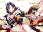  1girl alternate_costume azur_lane bare_shoulders black_hair black_kimono breasts cherry_blossoms circlet cleavage collarbone commission commissioner_upload cosplay earrings fingernails fire_emblem fire_emblem:_the_blazing_blade folding_fan friedrich_der_grosse_(azur_lane) friedrich_der_grosse_(azur_lane)_(cosplay) friedrich_der_grosse_(dark_raiments_of_gagaku)_(azur_lane) friedrich_der_grosse_(dark_raiments_of_gagaku)_(azur_lane)_(cosplay) fur-trimmed_kimono fur_trim hand_fan highres holding holding_fan japanese_clothes jewelry kimono large_breasts lipstick long_fingernails long_hair looking_at_viewer low_neckline makeup mature_female mu_tu_bu nabatame_hitomi nail_polish new_year non-web_source off_shoulder panties panty_peek pixiv_commission purple_panties red_nails red_sash sash smile solo sonia_(fire_emblem) thighs underwear voice_actor_connection yellow_eyes 