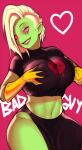 &lt;3 2017 5_fingers alien alien_humanoid big_breasts breasts clothed clothing curvy_figure disney english_text female fingers freckles gloves green_body green_skin grin hair hand_on_own_breast handwear hi_res huge_breasts humanoid humanoid_pointy_ears long_hair lord_dominator midriff motion_lines navel noseless not_furry pewbutt pink_background pink_sclera portrait sharp_teeth simple_background smile solo teeth text thick_thighs three-quarter_portrait topwear voluptuous wander_over_yonder white_hair wide_hips