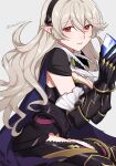  1girl black_dress black_gloves black_hairband brooch clothing_cutout commentary_request corrin_(female)_(fire_emblem) corrin_(female)_(nohr_noble)_(fire_emblem) corrin_(fire_emblem) dress fire_emblem fire_emblem_fates fire_emblem_heroes gloves grey_background grey_hair grin hairband highres jewelry long_hair looking_at_viewer official_alternate_costume parted_lips peach11_01 pointy_ears red_eyes short_sleeves simple_background sitting smile solo thigh_cutout thighs very_long_hair 