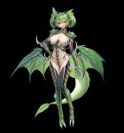  1girl :d absurdres alternate_costume artist_request black_background breasts claws commentary_request corruption dragon_girl dragon_horns dragon_tail dragon_wings duel_monster fang full_body green_hair hand_on_own_hip highres horns lactation large_breasts low_wings parlor_dragonmaid pussy_juice red_eyes revealing_clothes shrug_(clothing) skin_fang skin_tight skindentation slit_pupils smile solo tail thighhighs tube wings yu-gi-oh! 