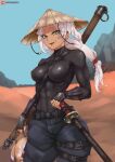  1girl abs belt blue_sky bodysuit bracer breasts dark_skin decapitation denim desert fingerless_gloves gesugao gloves green_eyes hat highres jeans katana kenshi long_hair looking_at_viewer mountain muscular muscular_female pants sky smile solo staff straw_hat sword tan toned turtleneck velminth weapon white_hair 