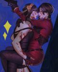  2girls ada_wong bare_shoulders black_hair blood blood_on_face blood_splatter blush breasts carrying carrying_person dress earrings gloves gold_earrings hair_ornament hand_on_another&#039;s_hip highres imminent_kiss jewelry khessamaya large_breasts long_hair long_sleeves looking_at_viewer medium_breasts multiple_girls no_legwear parted_lips red_eyes resident_evil resident_evil_4 resident_evil_4_(remake) short_hair smile spy_x_family thighhighs turtleneck_dress two-sided_dress two-sided_fabric yor_briar yuri 
