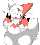  2016 cute digital_media_(artwork) featureless_crotch fluffy fluffy_tail fur multicolored_fur nintendo open_mouth pok&eacute;mon simple_background surprise teeth text translation_request video_games white_background white_fur wide_eyed zangoose 