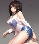  bangs bare_legs bare_shoulders barefoot black_eyes black_hair blue_shorts boyshorts breasts cleavage dungeon_and_fighter eyelashes gradient gradient_background grey_background heart heart_print large_breasts light_particles long_hair long_sleeves looking_at_viewer lying monaim on_side parted_lips ponytail shorts shoulder_cutout smile solo 