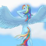  2016 anthro anthrofied arareroll cutie_mark equine feathered_wings feathers female friendship_is_magic hair long_hair mammal multicolored_hair my_little_pony nude outside pegasus rainbow_dash_(mlp) rainbow_hair solo spread_wings wings 