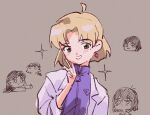  akagi_ritsuko blonde_hair blush earrings green_eyes highres jewelry lab_coat lipstick makeup malteie multiple_girls neon_genesis_evangelion simple_background smile thumbs_up 