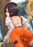  ass back bent_over black_hair bodysuit day final_fantasy final_fantasy_ix garnet_til_alexandros_xvii highres juliet_sleeves keine3717 leaf long_sleeves looking_at_viewer looking_back orange_bodysuit outdoors puffy_sleeves short_hair solo staff tree 