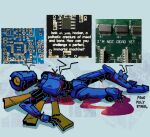  bleeding blood blue_background broken circuit_board commentary english_commentary english_text full_body glitch highres humanoid_robot joints missing_limb on_ground one-eyed orange_wings penopolystirol photo_inset profanity resistor robot robot_joints solo speech_bubble ultrakill v1_(ultrakill) wire 