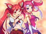  ;) alternate_costume armlet artist_name bangs bare_shoulders bracer chan_qi_(fireworkhouse) commentary cure_black cure_white dated earrings elbow_gloves futari_wa_precure futari_wa_precure_max_heart gloves hand_on_hip headband jewelry jinx_(league_of_legends) league_of_legends long_hair luxanna_crownguard magical_girl midriff multiple_girls navel one_eye_closed open_mouth orange_eyes parody pink_eyes pink_hair ponytail precure purple_eyes purple_skirt red_eyes red_hair skirt smile standing star_guardian_jinx star_guardian_lux swept_bangs twintails very_long_hair white_gloves 