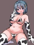  1girl @_@ absurdres akatoki animal_print bikini blue_eyes blue_hair blush breasts cow_print elbow_gloves gloves hair_ornament hairclip highres large_breasts looking_at_viewer mahou_shoujo_madoka_magica mahou_shoujo_madoka_magica_(anime) miki_sayaka navel open_mouth print_gloves short_hair simple_background smile solo swimsuit thighhighs thighs v white_gloves white_thighhighs 