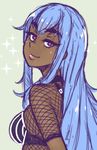  1girl akairiot black_bra blue_hair bra breasts commentary dark_skin english_commentary eyebrows eyebrows_visible_through_hair eyelashes fishnets from_behind lips long_hair original red_eyes sifa_(akairiot) small_breasts smile solo sparkle thick_eyebrows underwear 