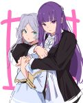  absurdres atenaba dress earrings fern_(sousou_no_frieren) frieren green_eyes highres hug jewelry looking_at_viewer purple_eyes purple_hair sousou_no_frieren straight_hair twintails white_background white_dress white_hair 