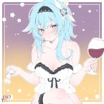  1girl :t absurdres alcohol alternate_costume bare_shoulders blue_hair blush border breasts camisole candy cleavage collarbone crossed_legs cup detached_sleeves dodosako drinking_glass eula_(genshin_impact) food frilled_sleeves frills genshin_impact gradient_background grey_eyes hair_ornament hands_up highres holding holding_candy holding_cup holding_food inset_border lace-trimmed_camisole lace_trim large_breasts medium_hair outline purple_background signature solo star_(symbol) thigh_strap upper_body white_border white_camisole white_outline wine wine_glass yellow_background 