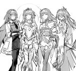  4girls acheron_(honkai:_star_rail) back_turned company_connection crossed_legs genshin_impact grape_(pixiv27523889) greyscale hand_on_own_chest hand_on_own_chin honkai:_star_rail honkai_(series) honkai_impact_3rd japanese_clothes lab_coat lineup long_hair mei_(honkai_impact) monochrome multiple_girls raiden_mei raiden_shogun sidelocks voice_actor_connection watson_cross 