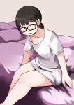  1girl :o black-framed_eyewear black_eyes breasts brown_hair feet_out_of_frame glasses highres kirinama01 long_shirt medium_hair on_bed original shirt short_sleeves sitting small_breasts t-shirt white_shirt 