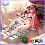  1girl absurdres alcohol bare_arms bare_legs bare_shoulders barefoot bikini black_bikini bottle breasts character_name cup demon_wings dobostorte drinking_glass food fruit head_wings highres koakuma large_breasts long_hair navel parasol red_eyes red_hair red_wings solo swimsuit touhou umbrella watermelon wine wine_bottle wine_glass wings 