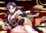 1girl alternate_costume azur_lane bare_shoulders black_hair black_kimono breasts circlet cleavage collarbone commission commissioner_upload cosplay earrings fingernails fire_emblem fire_emblem:_the_blazing_blade folding_fan friedrich_der_grosse_(azur_lane) friedrich_der_grosse_(azur_lane)_(cosplay) friedrich_der_grosse_(dark_raiments_of_gagaku)_(azur_lane) friedrich_der_grosse_(dark_raiments_of_gagaku)_(azur_lane)_(cosplay) fur-trimmed_kimono fur_trim hand_fan highres holding holding_fan japanese_clothes jewelry kimono large_breasts lipstick long_fingernails long_hair looking_at_viewer low_neckline makeup mature_female mu_tu_bu nabatame_hitomi nail_polish new_year non-web_source off_shoulder panties panty_peek pixiv_commission purple_panties red_nails red_sash sash smile solo sonia_(fire_emblem) thighs underwear voice_actor_connection yellow_eyes 