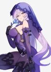  1girl bare_shoulders black_gloves black_swan_(honkai:_star_rail) blue_flower blue_rose breasts dress elbow_gloves flower gloves grey_background highres holding holding_flower honkai:_star_rail honkai_(series) large_breasts long_hair looking_at_viewer pantyhose purple_dress purple_eyes purple_hair rose simple_background sleeveless sleeveless_dress solo veil very_long_hair zenshin 