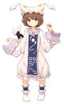  animal_ears brown_eyes brown_hair cat_ears cat_tail chen cosplay hat highres long_sleeves looking_at_viewer multiple_tails shone short_hair simple_background smile solo tail touhou two_tails white_background yakumo_ran yakumo_ran_(cosplay) 