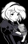  1girl 2b_(nier:automata) black_background black_dress black_headband breasts bubble_tea cleavage cleavage_cutout close-up clothing_cutout cup disposable_cup dress drink drinking drinking_straw drinking_straw_in_mouth english_commentary from_side greyscale headband highres holding holding_cup holding_drink johncaden long_sleeves looking_at_viewer looking_to_the_side medium_breasts monochrome nier:automata nier_(series) outline pink_lips portrait puffy_sleeves raised_eyebrow short_hair simple_background solo spot_color upper_body white_hair white_outline 
