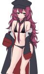  1girl bare_shoulders bikini black_bikini black_coat black_headwear blue_archive blush breasts coat corrupted_twitter_file detached_collar highres iroha_(blue_archive) kushinaka long_hair looking_at_viewer navel necktie off_shoulder purple_eyes red_hair red_necktie simple_background sleeves_past_fingers sleeves_past_wrists small_breasts solo stomach swimsuit white_background 