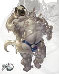  2016 annoyed anthro arm_hair belly biceps black_nose blowup_background blue_eyes body_hair brown_fur bulge canine chest_hair clothed clothing digital_media_(artwork) dog duo erect_nipples fur gio goo grabbing_from_behind grey_horn grey_nipples grey_skin grope hairy happy_trail hi_res horn jerome_(bigmastiff) leg_hair male male/male mammal mastiff multicolored_fur muscular muscular_male nipples pecs pink_tongue plantigrade rhinoceros shynjy signature simple_background slightly_chubby standing tan_fur teeth thong toes tongue tongue_out topless two_tone_fur yellow_eyes 