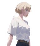  absurdres belt blonde_hair blue_eyes cha_hae-in highres izei1337 looking_to_the_side pants shirt short_hair solo_leveling straight_hair t-shirt white_background 