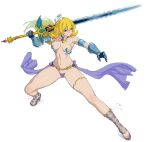  1girl bad_link blonde_hair blue_eyes breasts code_of_princess cosplay crown drawfag fighting_stance full_body gauntlets highres hime-sama_&quot;goumon&quot;_no_jikan_desu hime_(hime-sama_&quot;goumon&quot;_no_jikan_desu) holding holding_sword holding_weapon long_hair mini_crown navel small_breasts solange_blanchefleur_de_luxe solange_blanchefleur_de_luxe_(cosplay) solo standing sword thigh_strap weapon 