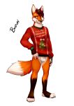  animal_genitalia anthro balls bastion bottomless brown_eyes brown_fur canine christmas_sweater clothed clothing fox fur male mammal orange_fur sheath simple_background solo standing sweater white_fur 