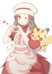 1girl ;o alcremie alcremie_(strawberry_sweet) apron dawn_(palentine&#039;s_2021)_(pokemon) dawn_(pokemon) dress erua_(_8eru) hair_ornament hairclip hat heart heart_hands highres holding holding_heart long_hair looking_at_viewer official_alternate_costume one_eye_closed pikachu pokemon pokemon_(creature) pokemon_masters_ex red_dress twitter_username white_apron white_background white_headwear 