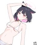  1girl animal_ears artist_name bare_arms bare_shoulders bikini black_choker black_hair blue_archive blush breasts cat_ears choker colored_inner_hair dated extra_ears halo highres kazusa_(blue_archive) medium_breasts multicolored_hair myeolchi pink_hair pink_halo red_eyes short_hair signature simple_background solo swimsuit white_background white_bikini 