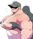  2boys arm_hair bara bare_pectorals beard_stubble blonde_hair earrings faceless faceless_male facial_hair grabbing grabbing_from_behind hat_over_eyes highres huge_pectorals jewelry kokukokuboo male_focus mature_male multiple_boys muscular muscular_male mustache nipples original pectoral_grab pectoral_squeeze pectorals short_hair simple_background smile solo_focus sparse_chest_hair stubble sweatdrop upper_body white_background yaoi 