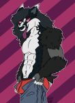 2023 anthro black_hair bottomwear bulge clothed clothing denim denim_bottomwear denim_clothing digital_drawing_(artwork) digital_media_(artwork) generation_8_pokemon hair hi_res jeans long_hair male muscular muscular_anthro muscular_male nintendo obstagoon open_mouth pants pattern_background pokemon pokemon_(species) red_clothing red_sclera red_underwear rocket_(rhode_arts) serpi_lilo simple_background snout solo striped_background tongue tongue_out topless underwear watermark