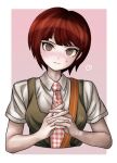  1girl :| blush border breasts brown_dress brown_eyes case_(k1_ase) close-up closed_mouth collared_shirt commentary cropped_torso danganronpa_(series) danganronpa_2:_goodbye_despair dress dress_shirt eyelashes freckles gingham_necktie head_tilt heart interlocked_fingers koizumi_mahiru light_blush looking_at_viewer medium_breasts necktie nose_blush outside_border own_hands_together pinafore_dress pink_background portrait red_hair red_necktie ringed_eyes school_uniform shirt short_hair short_sleeves sleeveless sleeveless_dress solo strap sweatdrop two-tone_necktie upper_body very_short_hair w_arms white_border white_necktie white_shirt 