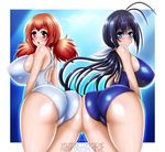  2girls antenna_hair ass ass-to-ass ass_press bare_shoulders black_hair blue_eyes blush breasts curvy erect_nipples from_behind hair_ribbon huge_ass huge_breasts kaminashi_nozomi keijo!!!!!!!! long_hair looking_at_viewer looking_back multiple_girls one-piece_swimsuit open_mouth orange_hair ponytail red_eyes ribbon sevie shiny shiny_clothes shiny_hair shiny_skin sideboob smile swimsuit thick_thighs toyoguchi_non twintails wide_hips 