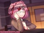  1girl artist_name blurry blurry_background blush brown_jacket doki_doki_literature_club door eyepatch hair_ornament hair_ribbon heart heart_hair_ornament jacket natsuki_(doki_doki_literature_club) pink_eyes pink_hair quinn_(quinnisoffline) ribbon shiny_clothes short_hair smile solo 