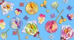  bag berry blue_background blue_flower candy commentary_request flower flower_focus food food_focus highres lollipop nasso0810 no_humans original pansy plastic_bag price_tag purple_flower red_flower red_ribbon ribbon simple_background 