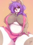  2019 anthro areola belly big_breasts breasts buxbi claws curvaceous digital_media_(artwork) female hair huge_breasts looking_at_viewer mammal nipple_bulge panda purple_hair signature slightly_chubby solo sukebe thick_thighs ursine 