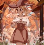  1girl animal_ear_fluff autumn_leaves bag bare_shoulders blonde_hair blush brown_eyes brown_headwear collarbone cudlil english_commentary fingerless_gloves forest gloves hair_ribbon hat high-waist_skirt highres holding holding_bag jewelry looking_down nature necklace off-shoulder_shirt off_shoulder original ponytail ribbon shirt skirt solo surprised walking white_gloves white_ribbon white_shirt witch_hat 